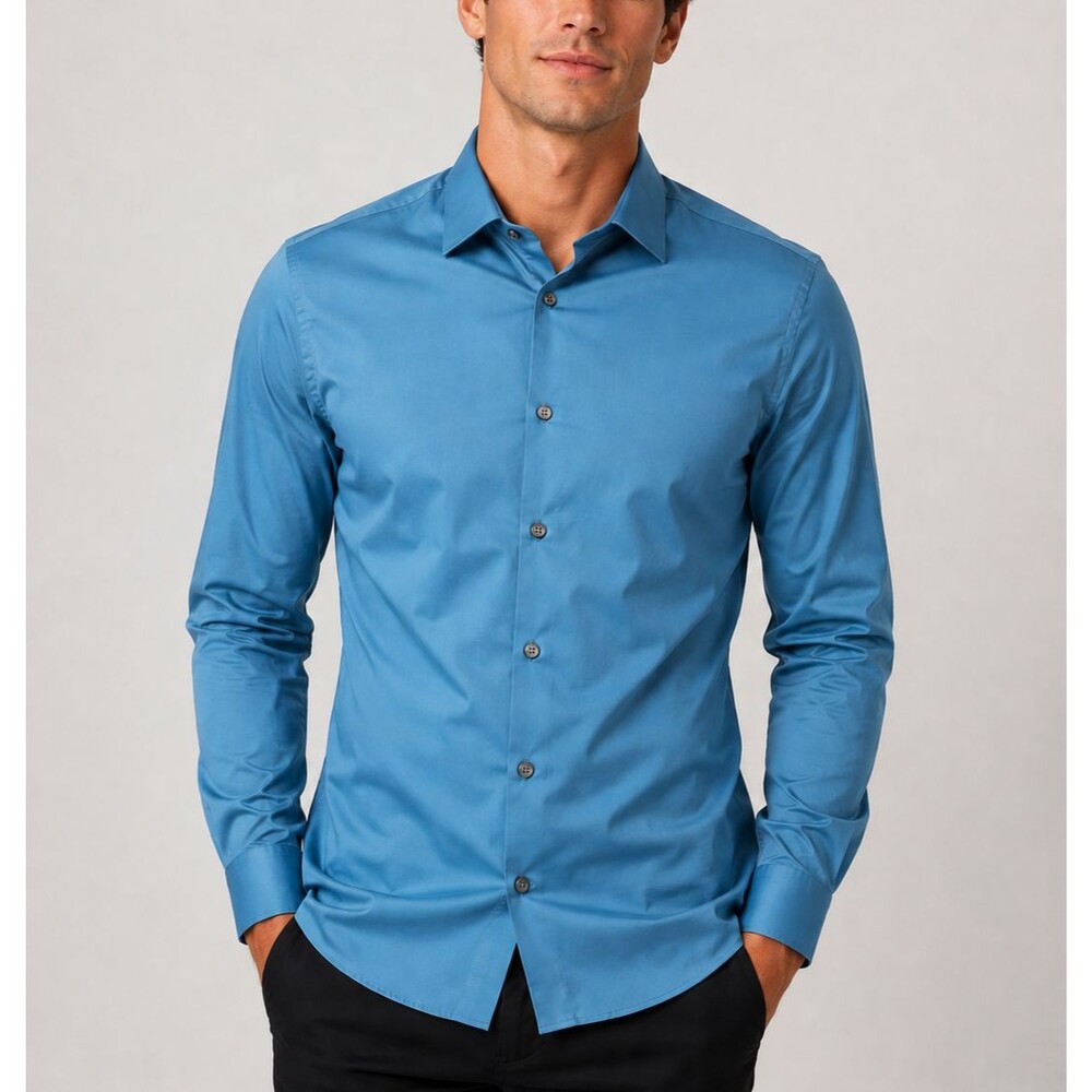 NWT Express Men's Slim 1MX Blue Stretch Button Front Long Sleeve Dress Shirt XL
